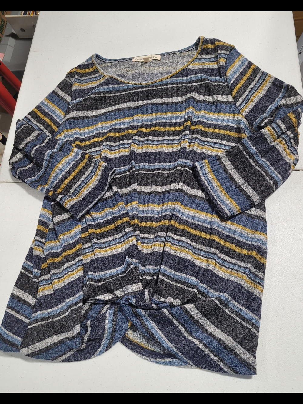 Striped Twist-Front Tunic in Blue, Gray & Yellow - Casual Long Sleeve